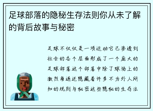 足球部落的隐秘生存法则你从未了解的背后故事与秘密